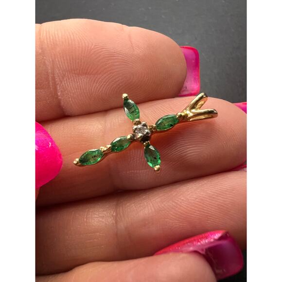 Vintage 14K Yellow Gold Emerald & Diamond Marquise Cross Pendant - Picture 6 of 16